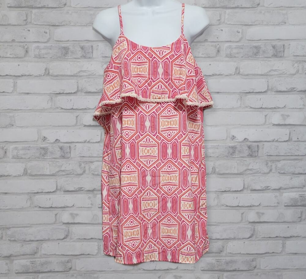 Peach Love Cream Pink Coral Pattern Layered Spaghetti Strap Dress Summer Small